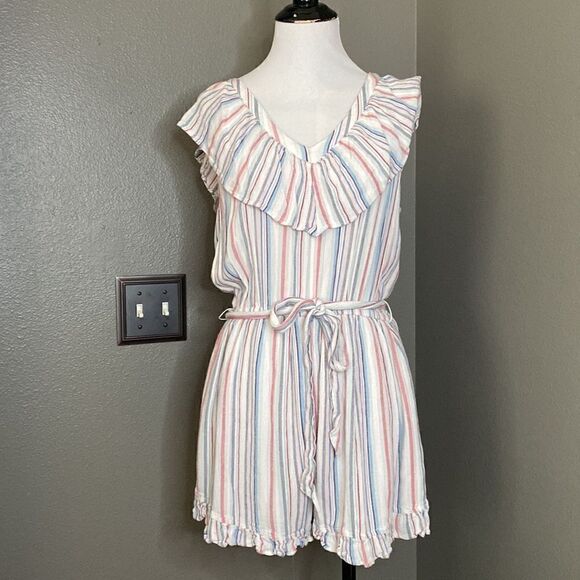 AEO American Eagle Outfitters Stripe Vneck Romper Red Blue - Picture 2 of 11